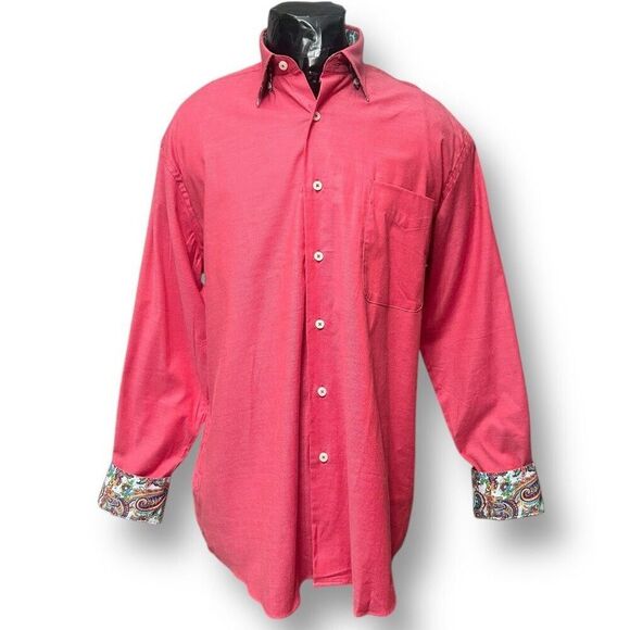 Alan Flusser Men's L Red Button Up Shirt Paisley Contrast Cuff Preppy Retro - Picture 3 of 11